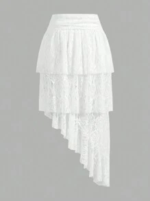 Aloruh Wedding Lace Skirt, Elegant Vacation Skirt, Low Waist Multi-Layer Ruffles With Asymmetrical Hem, Flattering And Elongating Skirt