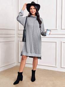 SHEIN LUNE Women High Collar Loose Split Gray Sweater Dress