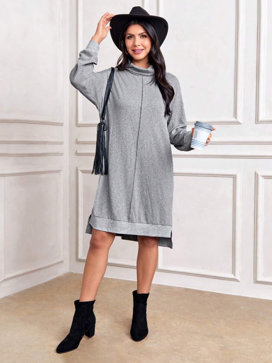 SHEIN LUNE Women High Collar Loose Split Gray Sweater Dress