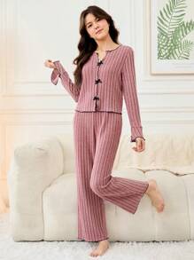 SHEIN Leap Crew 2 件装春秋季青少年女孩 V 领短袖上衣和裤子睡衣套装带蝴蝶结装饰 - 粉色 - 查看 6