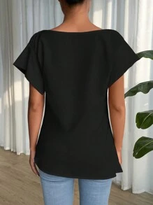 SHEIN LUNE 女士夏季純色短袖百褶休閒襯衫 - 黑色 - 查看 2