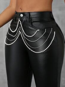 Pantalones casuales sencillos con decoración de cadena de unicolor para mujer