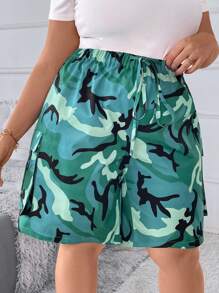 SHEIN CURVE+ Shorts cargo feminino plus size casual com cordão e camuflagem - Verde - Ver 7