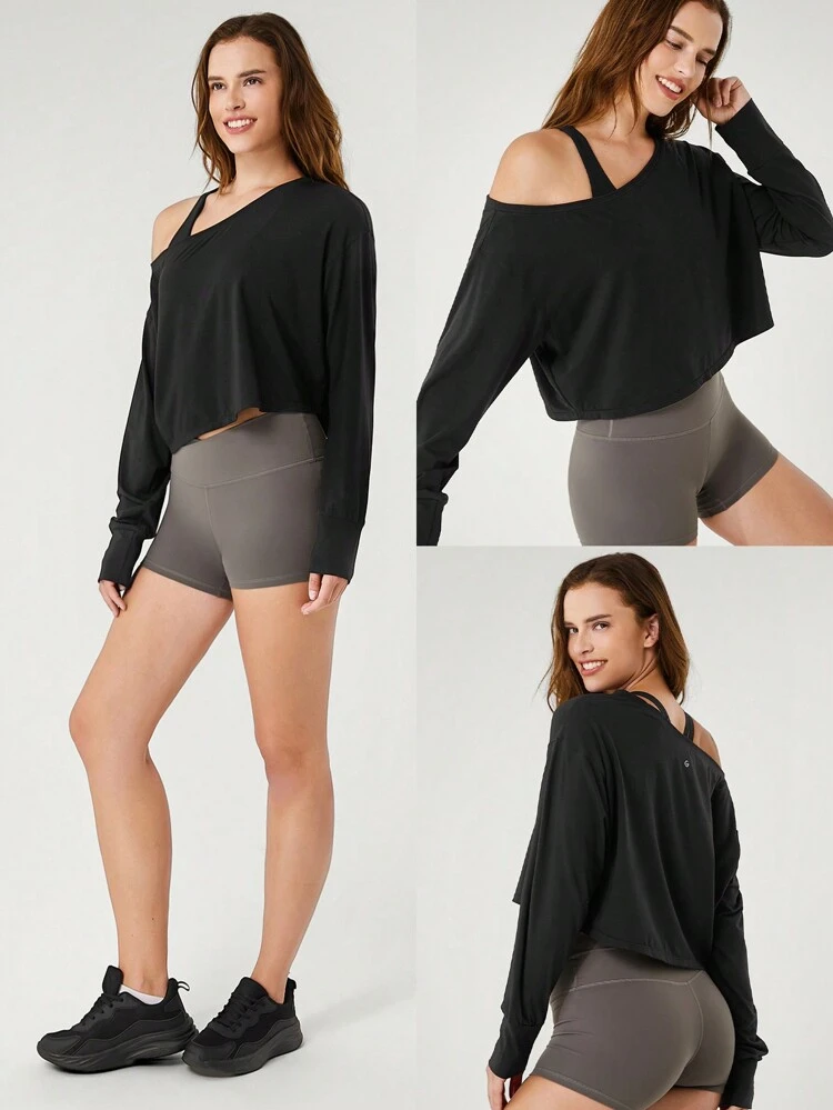 Pima Cotton Cropped One-Shoulder Drop Shoulder Long Sleeve Tee Daily Casual