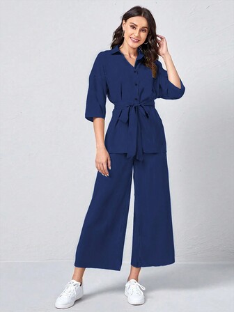 Women Simple Solid Color Tie-Up Blouse And Pants Nurse/Doctor Uniform Scrub Set