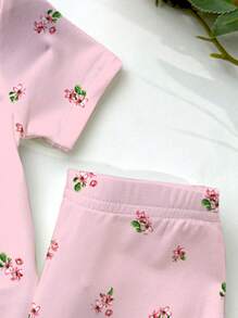 2pcs Snug Fit Young Girl Casual Pink Floral Printed Short Sleeve Crew Neck T-Shirt And Pants Homewear Set, Suitable For Spring And Summer