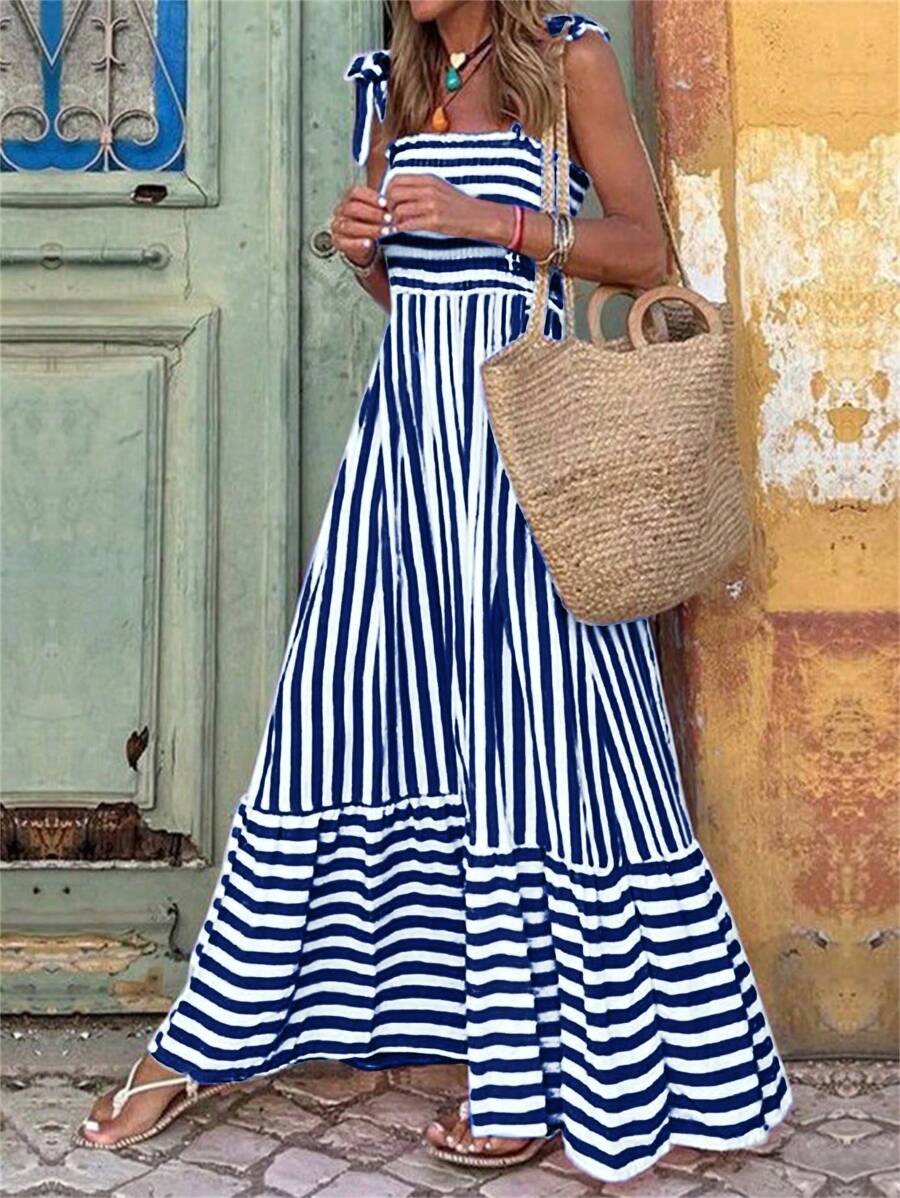 Breezaya 女士条纹印花简约休闲细肩带连衣裙 - 藍色 - 查看 1