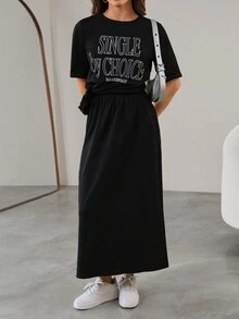 Mulvari Haut à manches courtes imprimé avec lettre col rond et jupe fendue unicolore de couleur assortie ensemble décontracté de 2 pièces pour lété - Noir - Voir 7