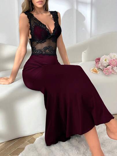 SHEIN 女式宽肩带撞色蕾丝美人鱼长款睡袍