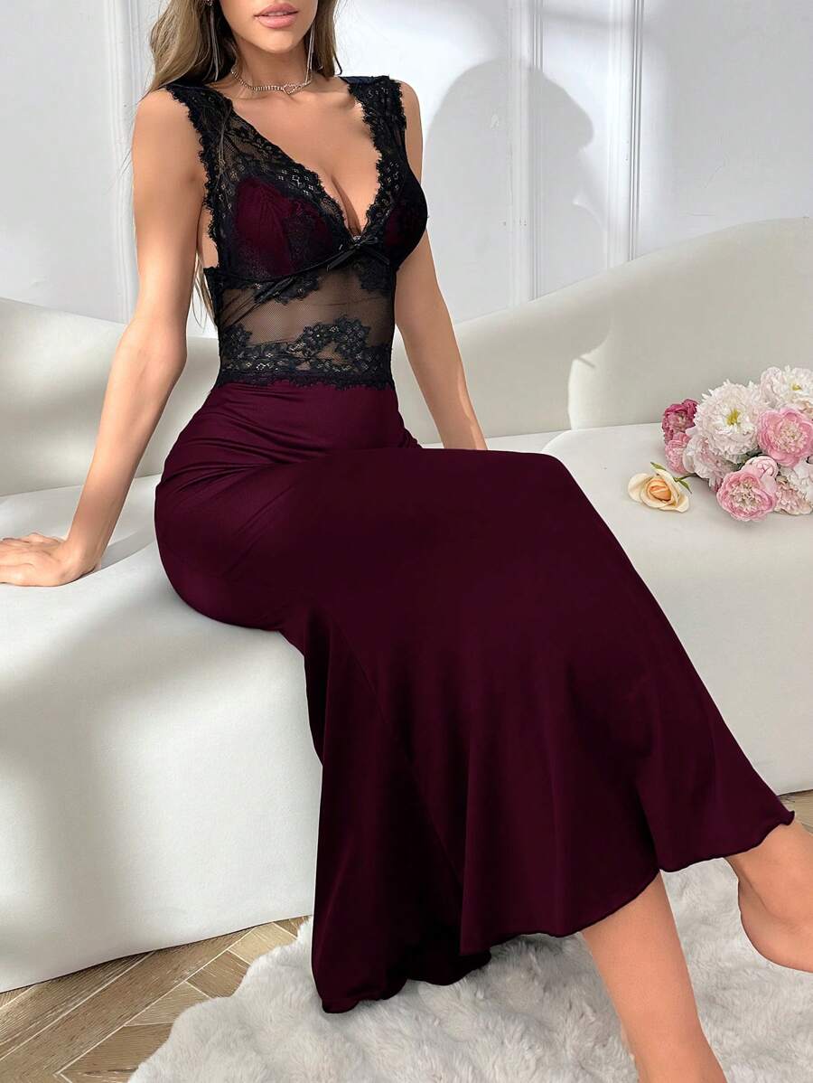 SHEIN Váy ngủ maxi ren nàng tiên cá màu tương phản có dây đai rộng cho nữ - Màu Tím - Xem 1