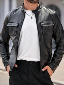 Manfinity VCAY Giubbotto da motociclista con cerniera a spalla regolare con colletto intrecciato da uomo, adatto per le stagioni primaverili e autunnali