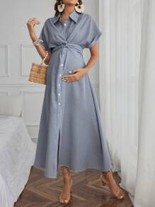 SHEIN Pregnant Women Summer Striped Bat Short Sleeve Waist Twist Casual Shirt Dress, For Maternity - Navy Blue - View 5