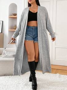 SHEIN EZwear Plus Size Nữ Màu Trơn Tối Giản Dài Tay Áo Lau Bụi - Xám - Xem 2