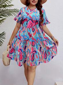 Breezaya Plus Size Full Print Ruffle Sleeve Dress