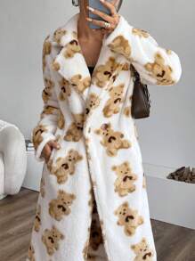 Muchica 全印花毛绒熊领口袋长袖长款开衫夹克 - 彩色 - 查看 4