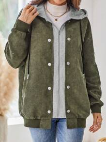 EMERY ROSE Women Color Blocking Simple Daily Long Sleeve Hooded Jacket - Army Green - View 6