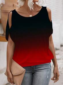 SHEIN LUNE Ombre Print Hollow Out Round Neck T-Shirt For Women - Multicolor - View 5