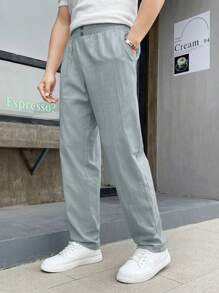 男童休闲宽松纯色长裤 - 霧霾藍 - 查看 1