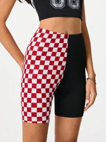 SHEIN EZwear Women's Streetwear Sportswear Blockcore Sport Checkerboard Print Patchwork Leggings