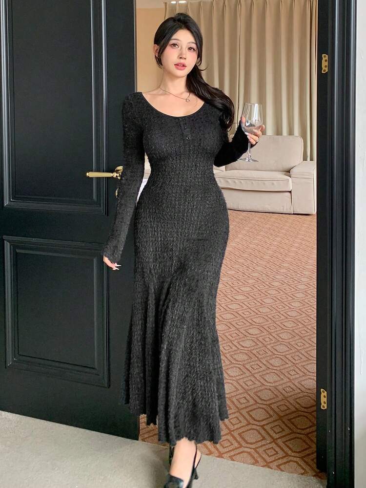 Women Banquet/Back To School Plush Round Neck Long Sleeve Fishtail Midi Dress,Ruffle,Fall Clothes