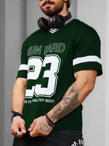 Manfinity Sport Corelite Boyfriend Style Men's Letter Stripe Printed V-Neck Short Sleeve Casual Sports T-Shirt Basic T Shirt  Basketball Jersey Boyfriend Style Men Boyfriend Style Men Hoodies,Back To School Workout Tops Gym Top Basketball Breathable