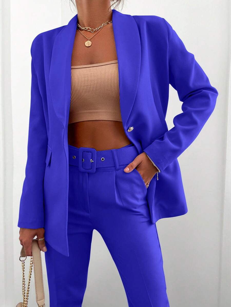 EURMUSE Shawl Collar Single Button Blazer And Pants - Blue - View 1