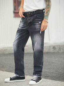 Manfinity Homme Men Casual Vintage Style Black Denim Loose Straight Jeans - Black - View 7