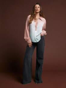 SHEINNeu Women Contrast Color Simple Button-Up Long Sleeve Shirt Pink And Blue,Autumn,Elegent,Office Fall Tops Women's Clothing Back To School Tween Girls - Multicolor - View 5