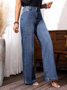 SHEIN LUNE Women Pocket Straight Loose Casual Versatile Jeans - Medium Wash - View 4