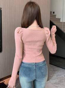 DAZY Women's Square Collar Solid Color Puff Sleeve Sweater Fall - Pink - View 5