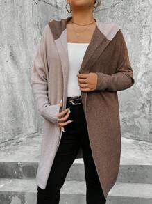 Calvaya Plus Size Women's Contrast Color Simple Casual Hooded Cardigan - Coffee Brown - View 1
