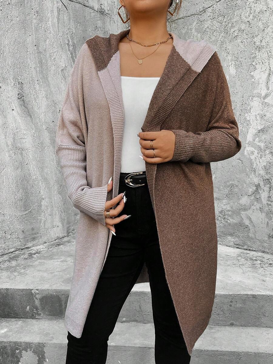 Calvaya Plus Size Women's Contrast Color Simple Casual Hooded Cardigan - Coffee Brown - View 1