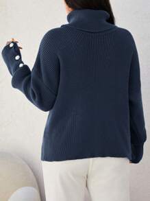 EURMUSE Plus Turtleneck Drop Shoulder Button Detail Sweater, For Winter - Blue - View 2
