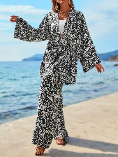 RueChic Allover Printed Shirt & Relaxed Fit Wide Leg Pant Soft Fabric Two Piece Set