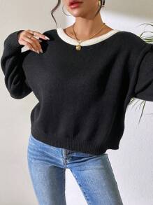 Chiquease Suéter holgado de punto suelto con detalle de lazo en cuello redondo para mujer, otoño/invierno