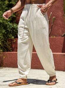 Manfinity RSRT Pantalones de lino lisos y casuales de color blanco con cordón para hombre, pantalones holgados y afinados para vacaciones largas, para papá y esposo, regalos para novio, para otoño - Beis - Ver 3