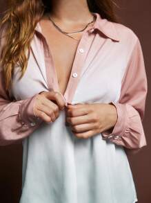 SHEINNeu Women Contrast Color Simple Button-Up Long Sleeve Shirt Pink And Blue,Autumn,Elegent,Office Fall Tops Women's Clothing Back To School Tween Girls - Multicolor - View 7