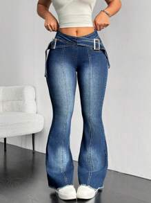 SHEIN ICON Women Skinny Jeans With Pockets And Fur Edges - Blue - View 3