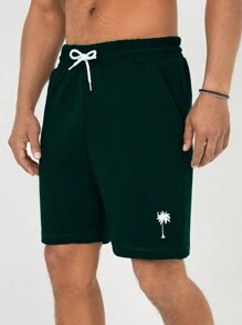 RueChic Men's Palm Tree Printed Drawstring Waist Fashionable Casual Shorts - Dark Green - View 6