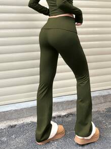 Pantalones anchos de cintura ancha de unicolor casual para mujer, leggings delgados de cintura alta con pliegues