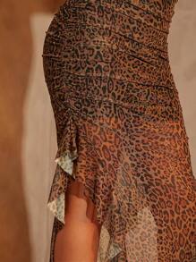 SHEIN Unity 混合面料豹纹荷叶边和透明蕾丝低胸吊带连衣裙