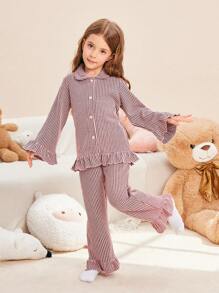 2pcs Girls' Casual Pink Ribbed Fabric Cardigan & Lounge Pants Set - Pink - View 5