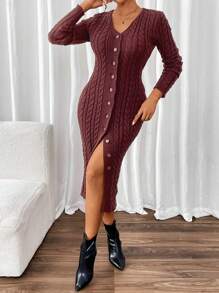 Chiquease Damen Einfarbiges Pulloverkleid mit V-Ausschnitt und Knöpfen vorne, Langarm - Kaffeebraun - Übersicht 1
