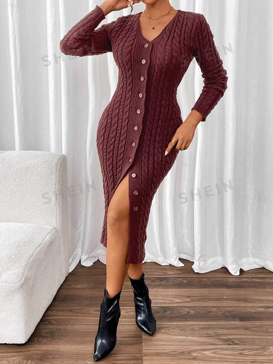 Chiquease Damen Einfarbiges Pulloverkleid mit V-Ausschnitt und Knöpfen vorne, Langarm - Kaffeebraun - Übersicht 1