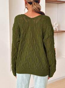 SHEIN VCAY Women's Solid Color Simple Everyday Knit Long Sleeve Sweater - Army Green - View 2