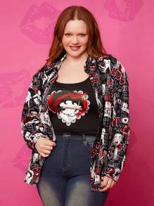 Betty Boop x SHEIN Camicia maniche lunghe oversize vintage stile Y2K, sexy streetwear, stampa a cuore nero e a pois di giornale, per l'autunno