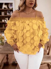 Celure Thời trang Màu Trơn Plus Size Nữ Tay Dài Lệch Vai Áo Yếm - Màu vàng - Xem 3