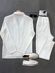 Manfinity Homme Men Spring And Autumn Casual Solid Color Shirt & Trousers, Fall Clothes - White - View 2