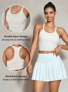 SHEIN Sovereign Charm Women's Solid Color Ribbed Knit Halter Tennis Sports Bra - Apricot - View 1