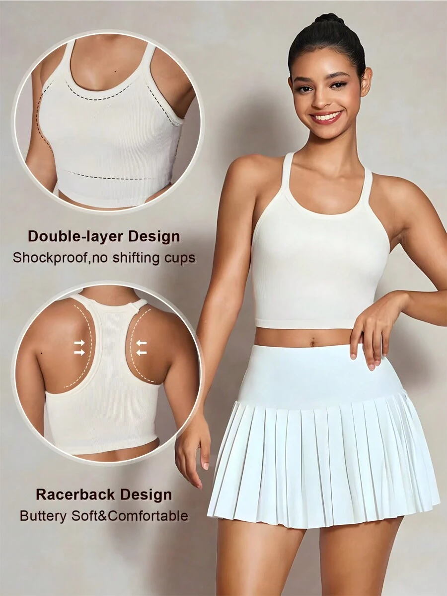 SHEIN Sovereign Charm Women's Solid Color Ribbed Knit Halter Tennis Sports Bra - Apricot - View 1
